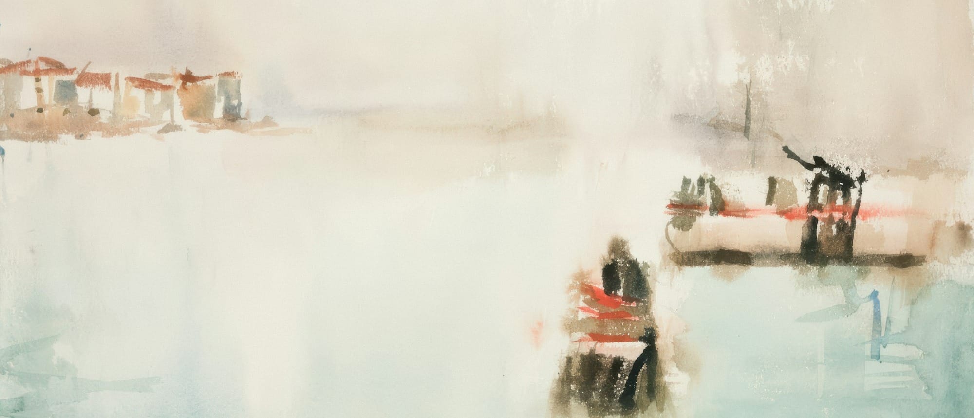 Watercolor painting of boats and buildings by the water.